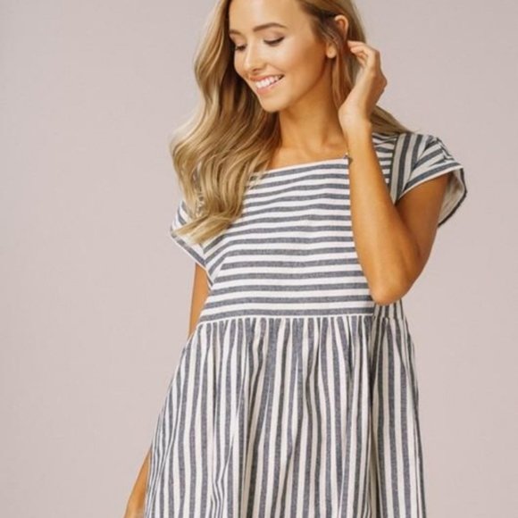 SOLD_____________Listicle Blue Ivory Stripes Babydoll Dress Small - Picture 7 of 7